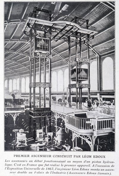 Eerste lift gebouwd door Léon Edoux op de universele tentoonstelling van 1867 door Unknown artist
