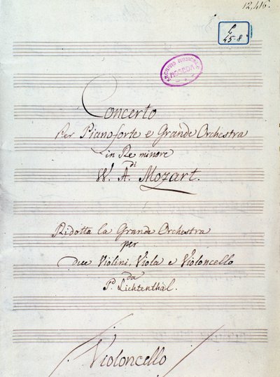 Eerste pagina van bladmuziek voor Concerto voor piano en groot orkest in D mineur door Mozart, Lichtenthal versie (19e eeuw) door Unknown artist