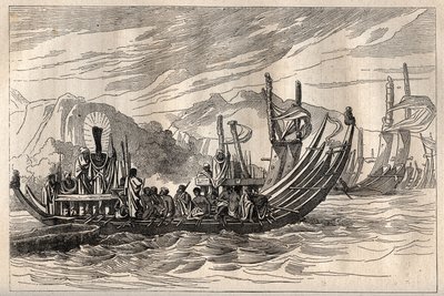 Eerste reis (1768-1771) van kapitein James Cook (1728-1779): de Tahiti vloot verzameld in Oparee - illustratie uit De Grote Zeevaarders van de 18e eeuw door Unknown artist