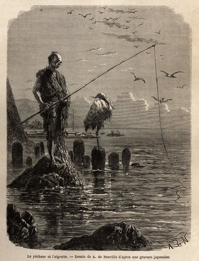 Visser van Yedo Bay (of Edo, het huidige Tokio), gegrepen door een adelaar, een lage maree, de boten leggen de vissers op blokken steen die droog in de baai zijn gelegd, de laatsten blijven rechtop, onbeweeglijk en vissen met de haak van de vis die ze in e door Unknown artist