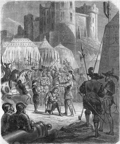 Frans I van Frankrijk vraagt om geridderd te worden door de Chevalier Bayard na de overwinning bij de Slag bij Marignano, Italië door Unknown artist