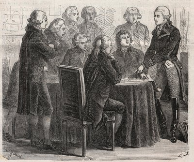 Franse Revolutie: Graaf Louis Marie de Narbonne-Lara toont zijn plannen in de commissies van de vergadering - Gravure in 