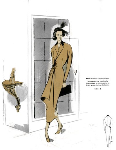Franse mode, hazelnoot jas jurk ontwerp. door Unknown artist