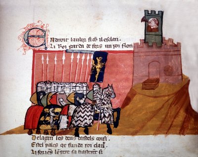 Franse ridders arriveren voor een kasteel. Manuscript uit de 13e eeuw door Unknown artist
