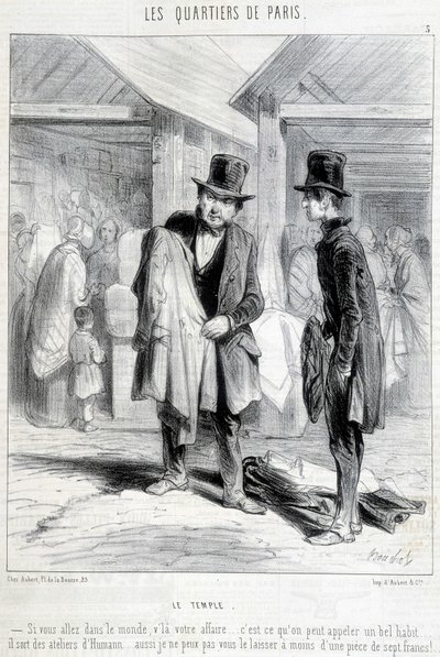 Fripier uit de tempelwijk in Parijs probeert kleding te verkopen aan een man. Gravure uit de 19e eeuw. door Unknown artist