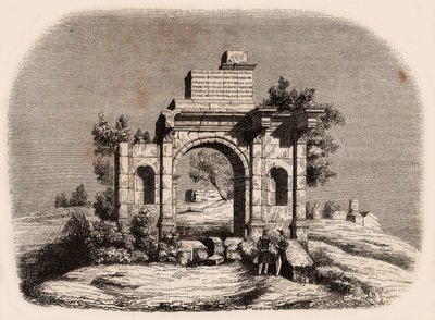 Vooraanzicht van de Romeinse boog van Djemilah in Algerije: twee Franse soldaten poseren voor de ruïnes door Unknown