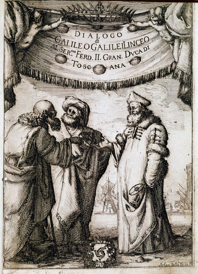 Frontispice van Dialoog over de twee grote wereldsystemen (dialogo sopra i due massimi sistemi del mondo) in opdracht van paus Urbanus VIII aan de astronoom en natuurkundige Galileo Galilei (Galileo Galilei) door Unknown artist