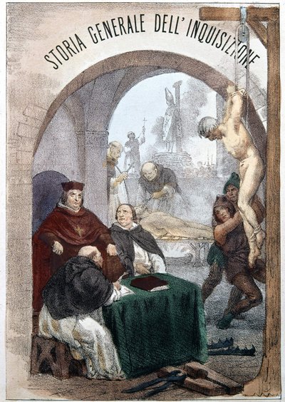 Frontispice van De Algemene Geschiedenis van de Inquisitie door Pietro Tamburini met een illustratie die scènes van symbolische inquisitie uitbeeldt. Milaan 1850 door Unknown artist