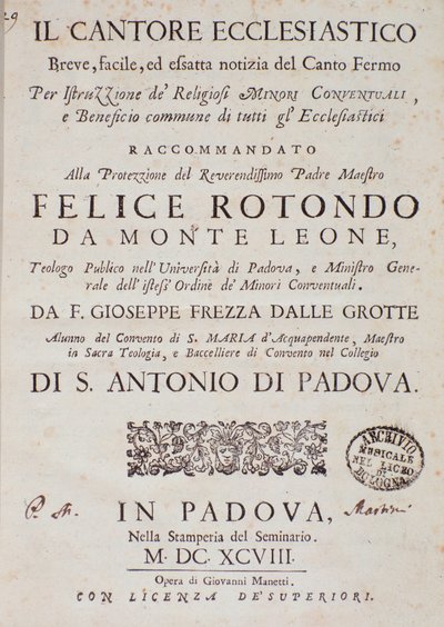 Frontispice van Il cantore ecclesiastico door Giuseppe Frezza dalle Grotte door Unknown artist