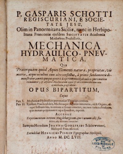 Frontispice van Mechanica Hydraulico Pneumatica door Gaspar Schott door Unknown artist