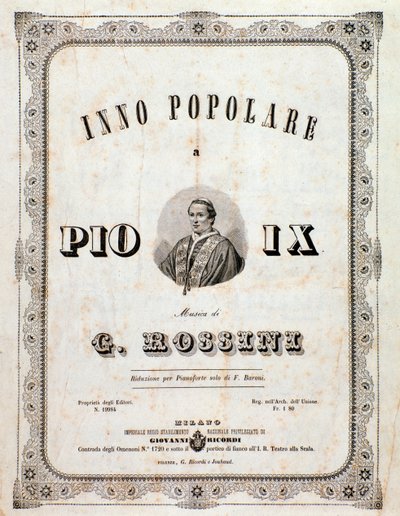 Frontispice van muzikale partituur Populair hymne voor Pius IX door Unknown artist