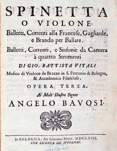 Frontispice van muzikale partituur van Balletti, correnti alla francese opus 3 door Giovanni Battista Vitali door Unknown artist