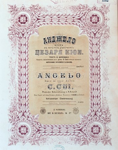 Frontispice van de partituur van Angelo, opera door Zesar Kjui door Unknown artist