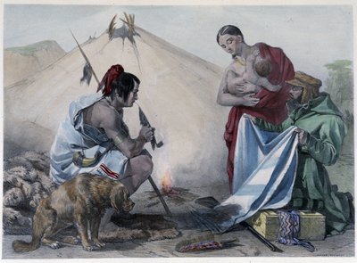 Bont ruilen voor stof tussen Canadese Huron-indianen en blanke man - in 