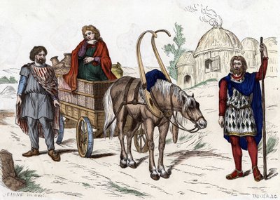 Gallische woning, vrouw, boer, wagen, rijke boer, harnas. door Unknown artist