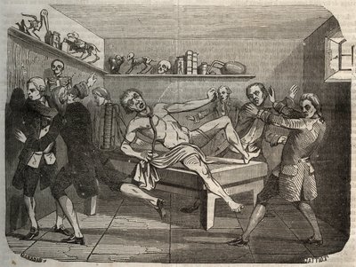 Galvanisatie van het lijk van een beul met de stapel van Alessandro (Alexandre) Volta: onder invloed van elektriciteit lijkt het lijk weer tot leven te komen. Gravure uit 1856 in 