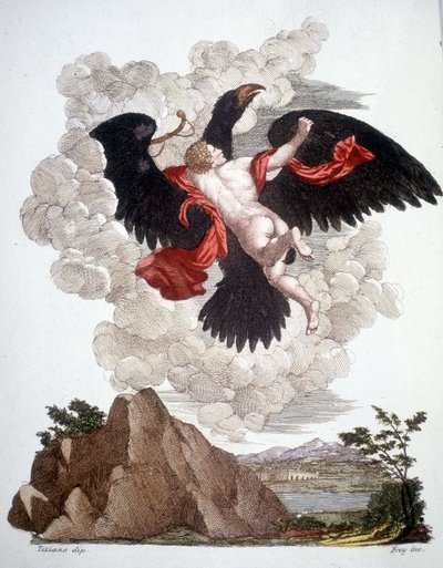Ganymedes ontvoerd door Jupiter (Zeus) getransformeerd in een adelaar - gravure door Unknown artist