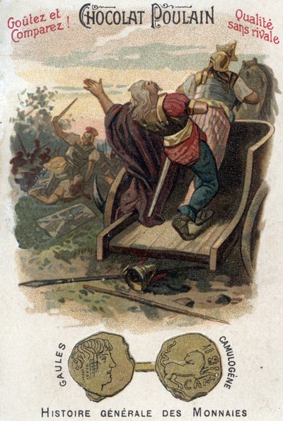 Galliërs Aulerque: Slag bij Lutetia tussen Camulogene en Labienus in 53 v.Chr. In Algemene Geschiedenis van Munten. Chocolade-foal chromolithografie uit het einde van de 19e eeuw. Privécollectie. door Unknown artist