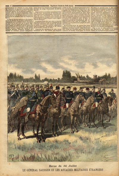 Generaal Felix Gustave (Felix-Gustave) Saussier (1828-1905), militair gouverneur van Parijs sinds 1884, omringd door buitenlandse militaire banden, inspecteerde de troepen tijdens de parade op 14 juli 1891 in de vlakte van het Bois de Boulogne. Gravure in  door Unknown artist