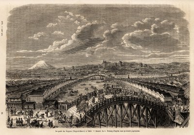 Algemeen uitzicht op Yedo (of Edo, het huidige Tokio) vanaf de Nippon Bassi (de brug van de Nippon), levendige animatie van voorbijgangers en dragers op de brug, tussen de koopmanssteegjes, uitzicht op de winkels en op de achtergrond, uitzicht op de berg F door Unknown artist