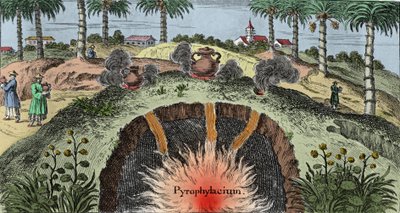 Geologie: doorsnede van de aardkorst die de uitbarsting van vuur uit de aarde verklaart. Gravure uit 