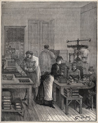 Vergulden van boeken (omslagen) in ijzer in een werkplaats in Frankrijk in de 19e eeuw. Gravure uit 1885 in “Les arts et métiers illustrés” door Adolphe BITARD door Unknown artist