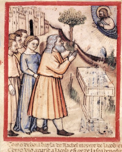 God verschijnt aan Jacob die een miniatuur altaar heeft opgericht uit codex 212 (of padovano codice of Bijbel van Padua). 1390-1400. Rovigo, Accademia dei Concordi door Unknown artist