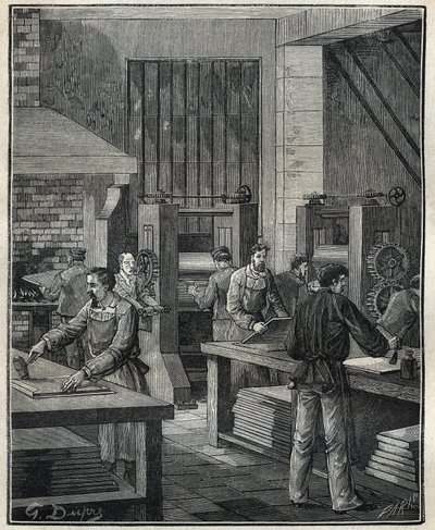 Goudsmid: voorbereiding van de plaat, voorbereiding van het metaal voor de uitvoering van een speciaal zilverwerk. Gravure uit 1885 in 