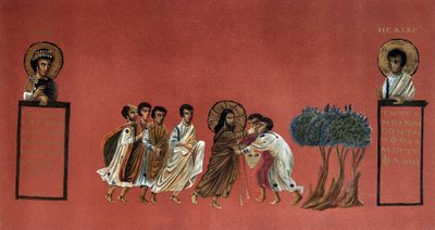 Evangelie van St. Matteüs - Wonder van Jezus die de twee blinden van Jericho geneest, Gravure 19e eeuw naar een Grieks manuscript door Unknown artist