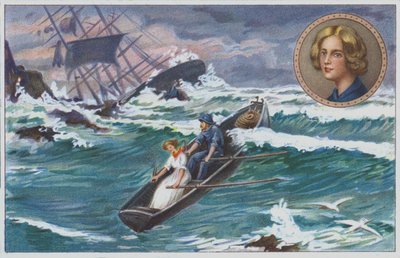 Grace Darling roeit met haar vader uit om overlevenden te redden van het schip dat schipbreuk leed, de "Forfarshire" in 1838. (chromolitho) door Unknown artist