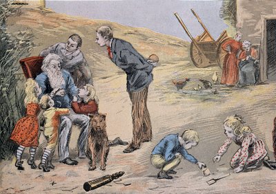 Grootvader legt catechismus uit aan de kinderen. In 