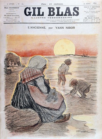 Grootmoeder en kinderen in de ondergaande zon, 