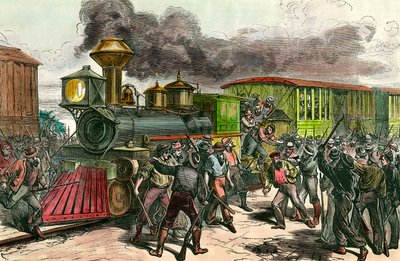 Staking op de spoorlijn tussen Baltimore en Ohio. Arbeiders jagen bestuurders en ingenieurs van een trein die naar Baltimore gaat. 1877 19e-eeuwse gravure Privécollectie door Unknown artist