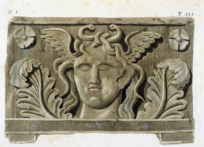 Hoofd van Medusa, een van de drie Gorgonen, stenen bas-reliëf - in "Monumenti Etruschi" door Unknown artist