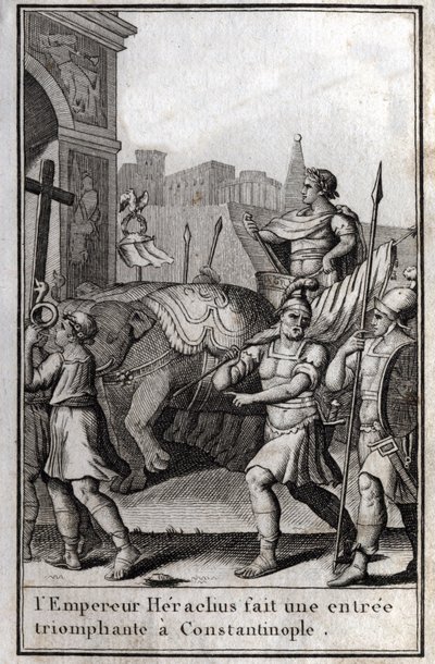 Heraclius I (Flavius Heraclius, Herakleios), Byzantijnse keizer, maakte een triomfantelijke intocht in Constantinopel. Hij klom op een wagen getrokken door vier olifanten en bracht voor zich het Ware Kruis (Heilige Kruis) dat was meegenomen door Unknown artist