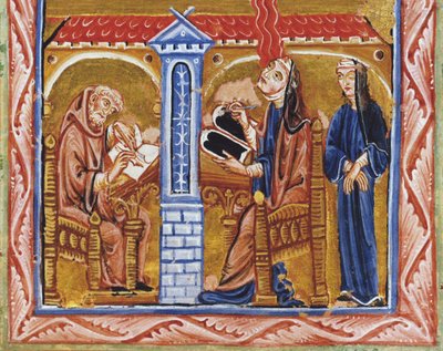 Hildegard van Bingen ontvangt een visioen in aanwezigheid van haar secretaris Volmar en haar vertrouwelinge Richardis door Unknown artist