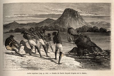 Nijlpaardjacht met de Houarti-stam, met harpoenen en speren, het woedende dier laadt en verzet zich. Gravure ter illustratie van de verkenning van de Abessijnse zijrivieren van de Nijl, door Sir Samuel W. Baker, in 1861-62, gepubliceerd in 