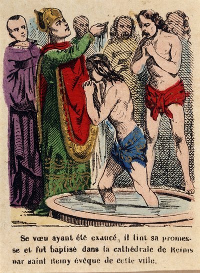 Zijn gelofte was vervuld, Clovis werd gedoopt in de kathedraal van Reims door Sint Remigius, bisschop van de stad door Unknown artist