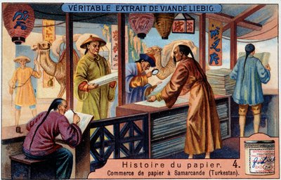 Geschiedenis van Papier. 4. Papierhandel in Samarkand (Turkestan). Liebig chromolithografie door Unknown artist