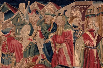 Geschiedenis van Sint Piat en Sint Eleuthère, Scene 14: De pest verwoest de stad Doornik (Tribuns voit sa fille retraire des crestiens et elle atraire a sa loy dont la mors soudaine en fut tost as paiens prochaine) (detail) door Unknown artist