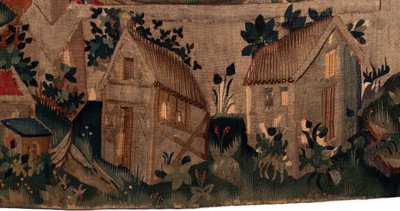 Geschiedenis van Sint Piat en Sint Eleuthère, Scene 7: Doop van de verbannen christenen, Detail onderkant. Twee huizen. door Unknown artist