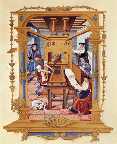 Geschiedenis van de drukkunst: een typografische werkplaats rond 1530 door Unknown artist