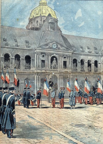 Hotel des Invalides - Parijs - 26 juni 1898: een delegatie overhandigde aan generaal Arnoux, gouverneur van de Invalides, de vlag van het Regiment van Algerije die op 30 september 1895 op het paleis van de koningin van Tananarive wapperde. Illustratie in 