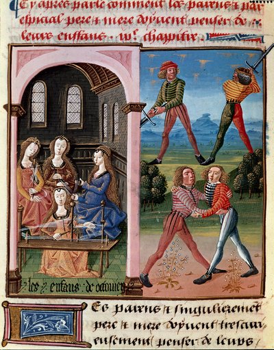 Hoe ouders aan hun kinderen moeten denken; de kinderen van Octavianus leren ridderlijkheid en het werk van wol. Miniatuur uit 