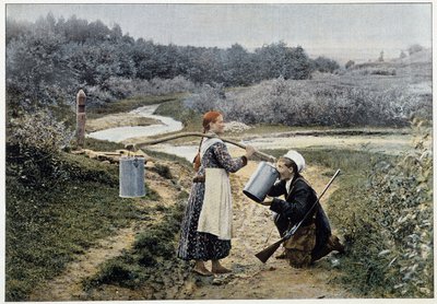 Jager en meisje bij de fontein (Rusland) - fotografie, eind 19e eeuw door Unknown artist