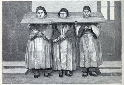 Jacht in China: de cangue, een martelwerktuig (een soort schandpaal) toegepast op moeders die kindermoord hebben gepleegd. Gravure in 