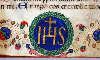 IHS christelijk symbool waarvan de betekenis Jezus is. Handschrift uit de 15e eeuw door Unknown artist