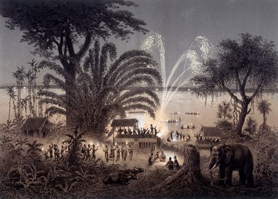 Verlichting van de rivier tijdens het Festival van Bassac, Siamese Laos. In "Atlas van de ontdekkingsreis in Indochina uitgevoerd tijdens de jaren 1866-1868" gepubliceerd onder leiding van F. Garnier 1873 door Unknown artist