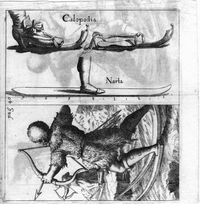 Geïllustreerde plaat die een oud type ski weergeeft. Gravure uit het einde van de 17e eeuw. door Unknown artist