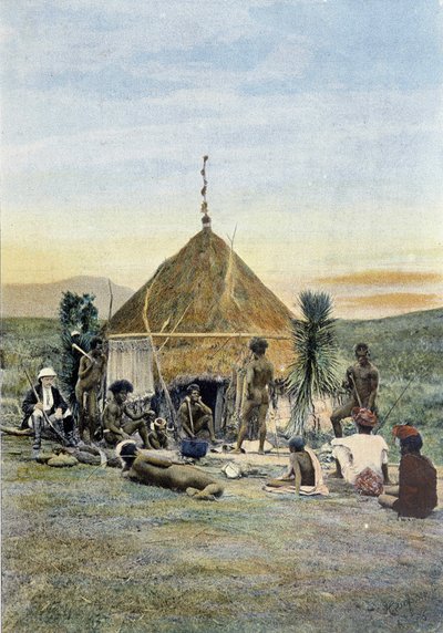 Illustratie van een telegraafkamp bij Uarai in Nieuw-Caledonië door Unknown artist